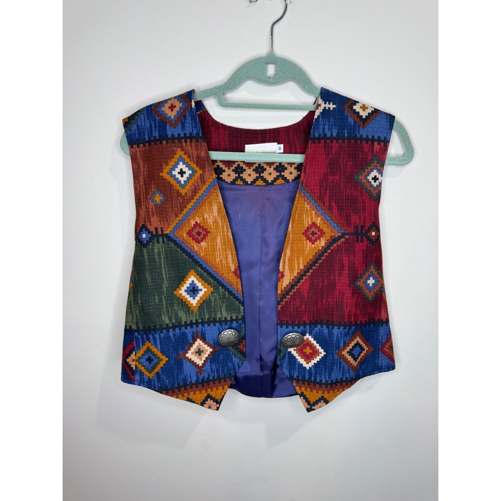 Vintage Coldwater Creek Aztec Western Cotton Faux Buttons Vest sz M